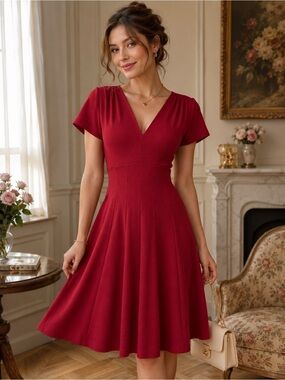 Maeve by Anthropologie Red Fit & Flare Knit Dress XS Short Sleeve V-Neck